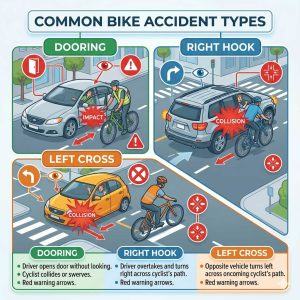 Common types of bicycle accidents in Phoenix — dooring, right hook, left cross