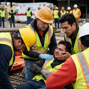 Construction worker surrounded by his colleagues after the Construction Accident