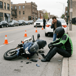 A biker sits on the road after a motorbike accident and another guy calling for medical help. 