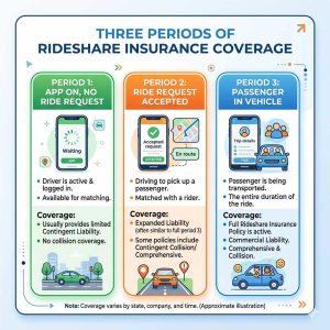 Rideshare insurance coverage periods chart showing Uber and Lyft liability tiers